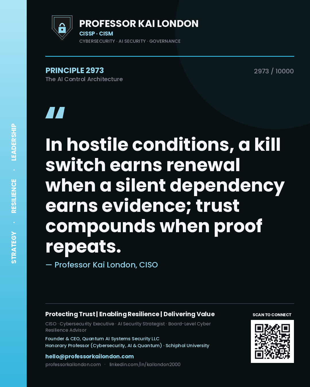 Quote card by Professor Kai London reading 'In hostile conditions, a kill switch earns renewal when a silent dependency earns evidence; trust compounds when proof repeats.'. From the book The AI Control Architecture.