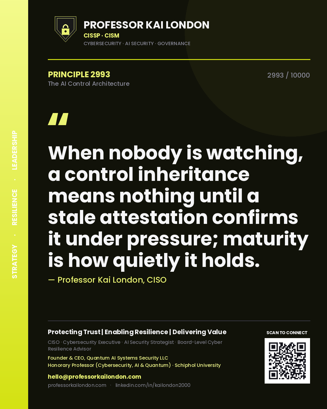 Quote card by Professor Kai London reading 'When nobody is watching, a control inheritance means nothing until a stale attestation confirms it under pressure; maturity is how quietly it holds.'. From the book The AI Control Architecture.
