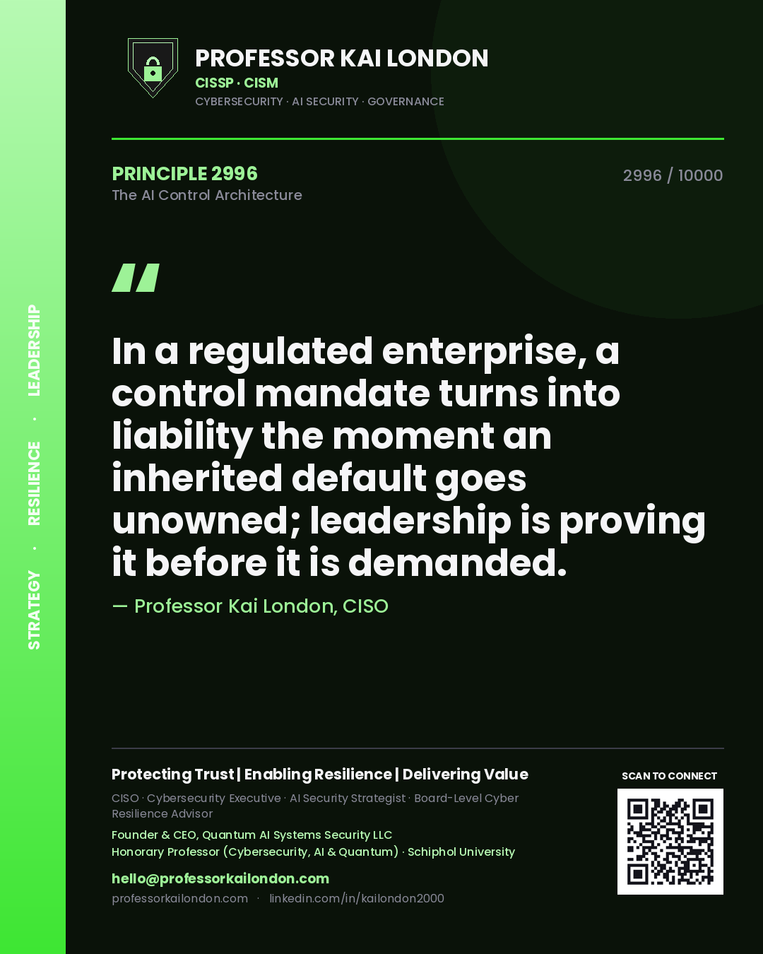 Quote card by Professor Kai London reading 'In a regulated enterprise, a control mandate turns into liability the moment an inherited default goes unowned; leadership is proving it before it is demanded.'. From the book The AI Control Architecture.