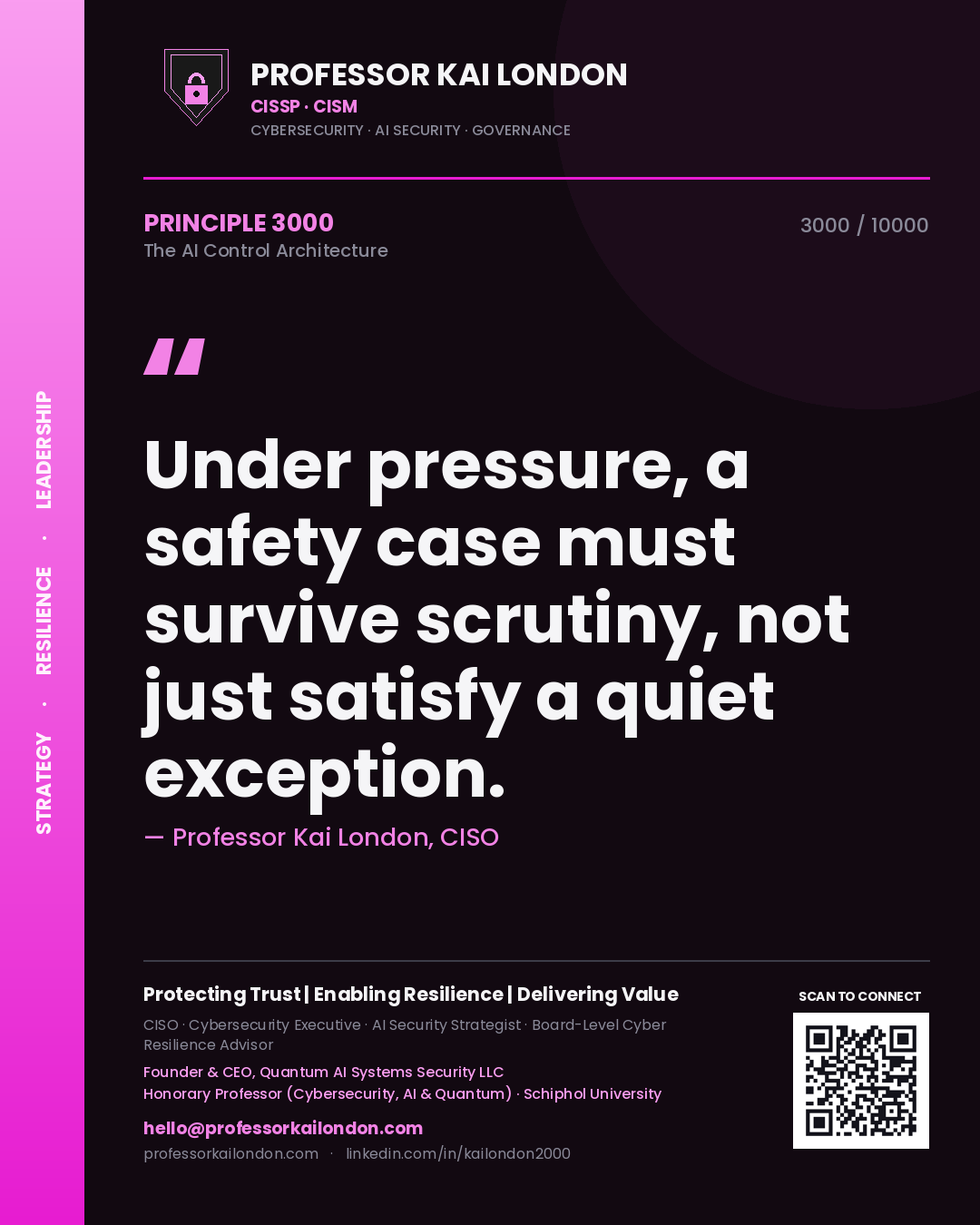 Quote card by Professor Kai London reading 'Under pressure, a safety case must survive scrutiny, not just satisfy a quiet exception.'. From the book The AI Control Architecture.