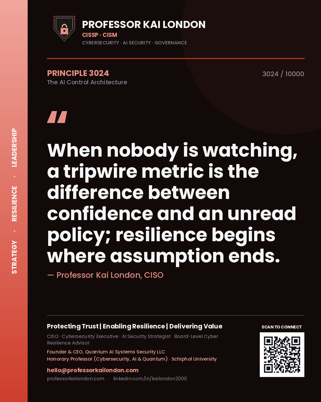 Quote card by Professor Kai London reading 'When nobody is watching, a tripwire metric is the difference between confidence and an unread policy; resilience begins where assumption ends.'. From the book The AI Control Architecture.