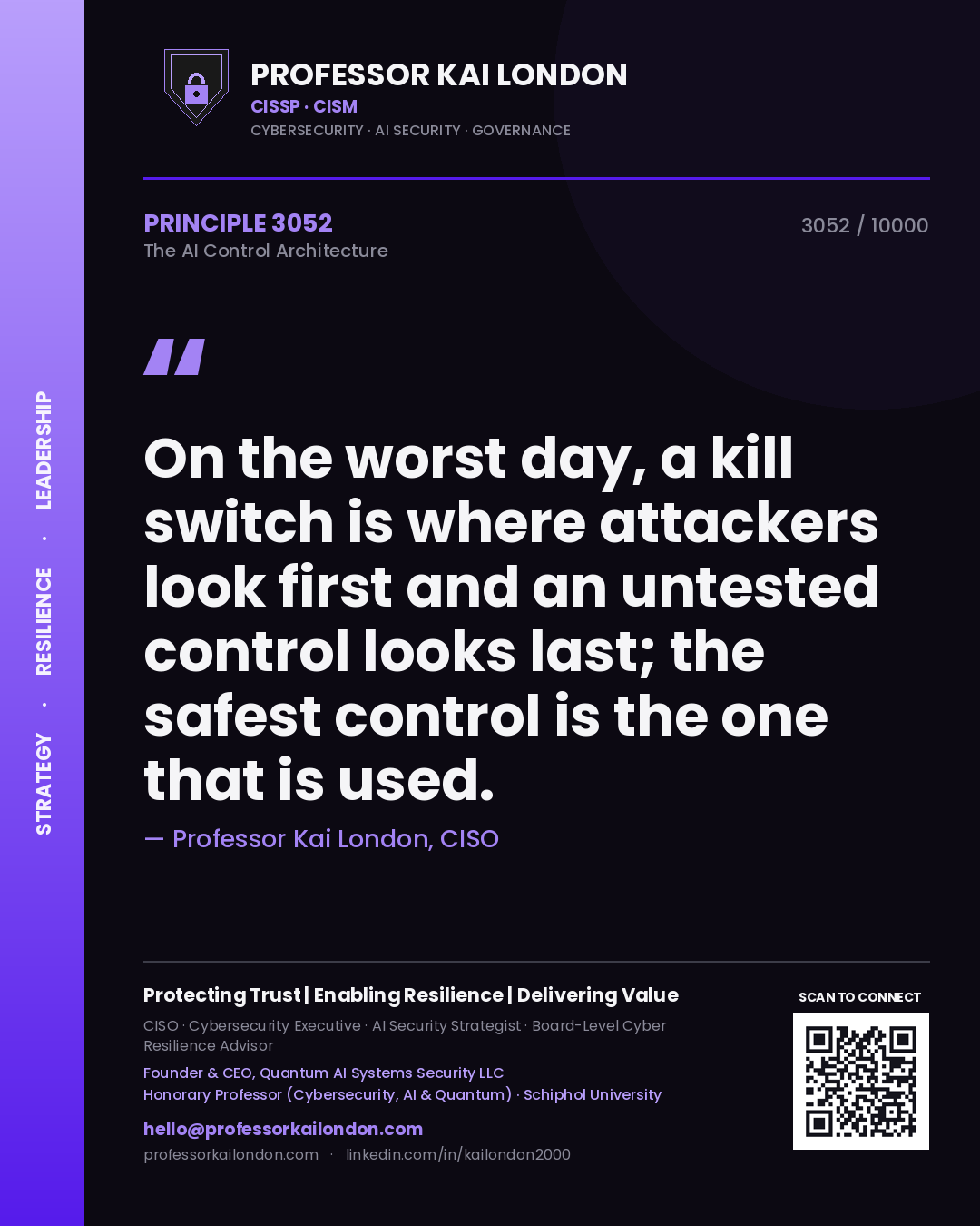 Quote card by Professor Kai London reading 'On the worst day, a kill switch is where attackers look first and an untested control looks last; the safest control is the one that is used.'. From the book The AI Control Architecture.