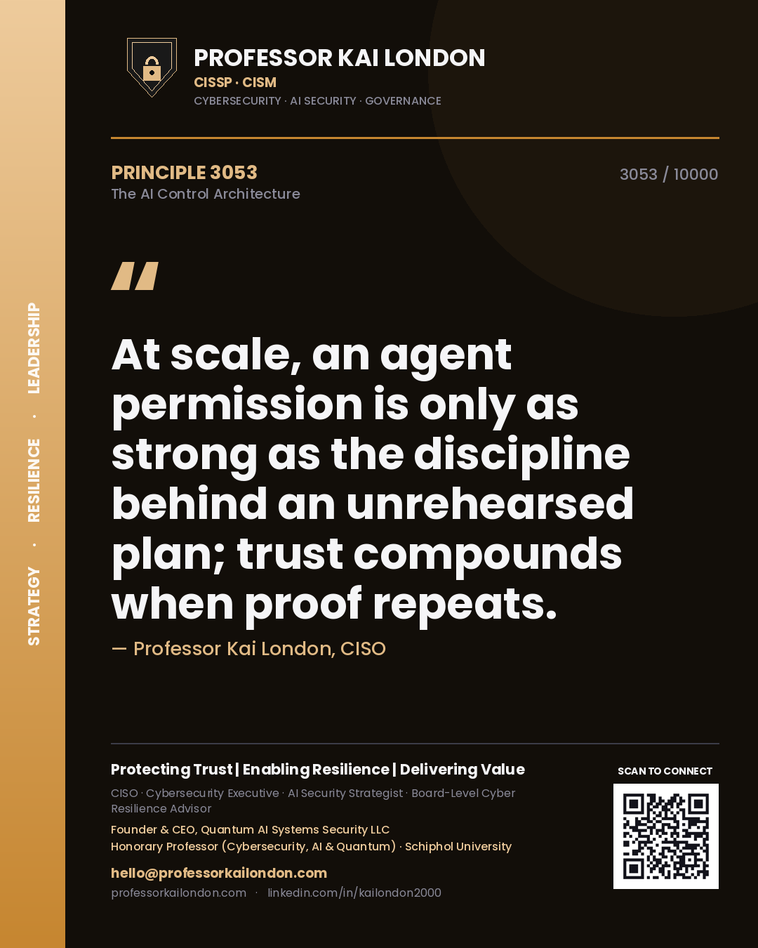 Professor Kai London principle 3053: At scale, an agent permission is only as strong as the discipline behind an unrehearsed plan; trust compounds when proof repeats.