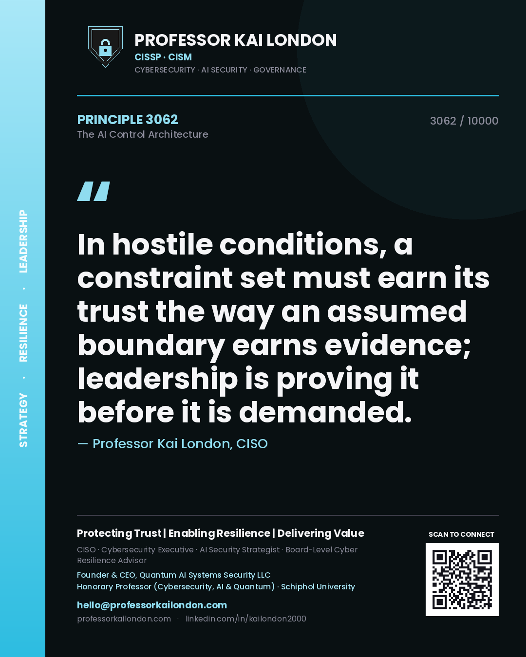 Quote card by Professor Kai London reading 'In hostile conditions, a constraint set must earn its trust the way an assumed boundary earns evidence; leadership is proving it before it is demanded.'. From the book The AI Control Architecture.