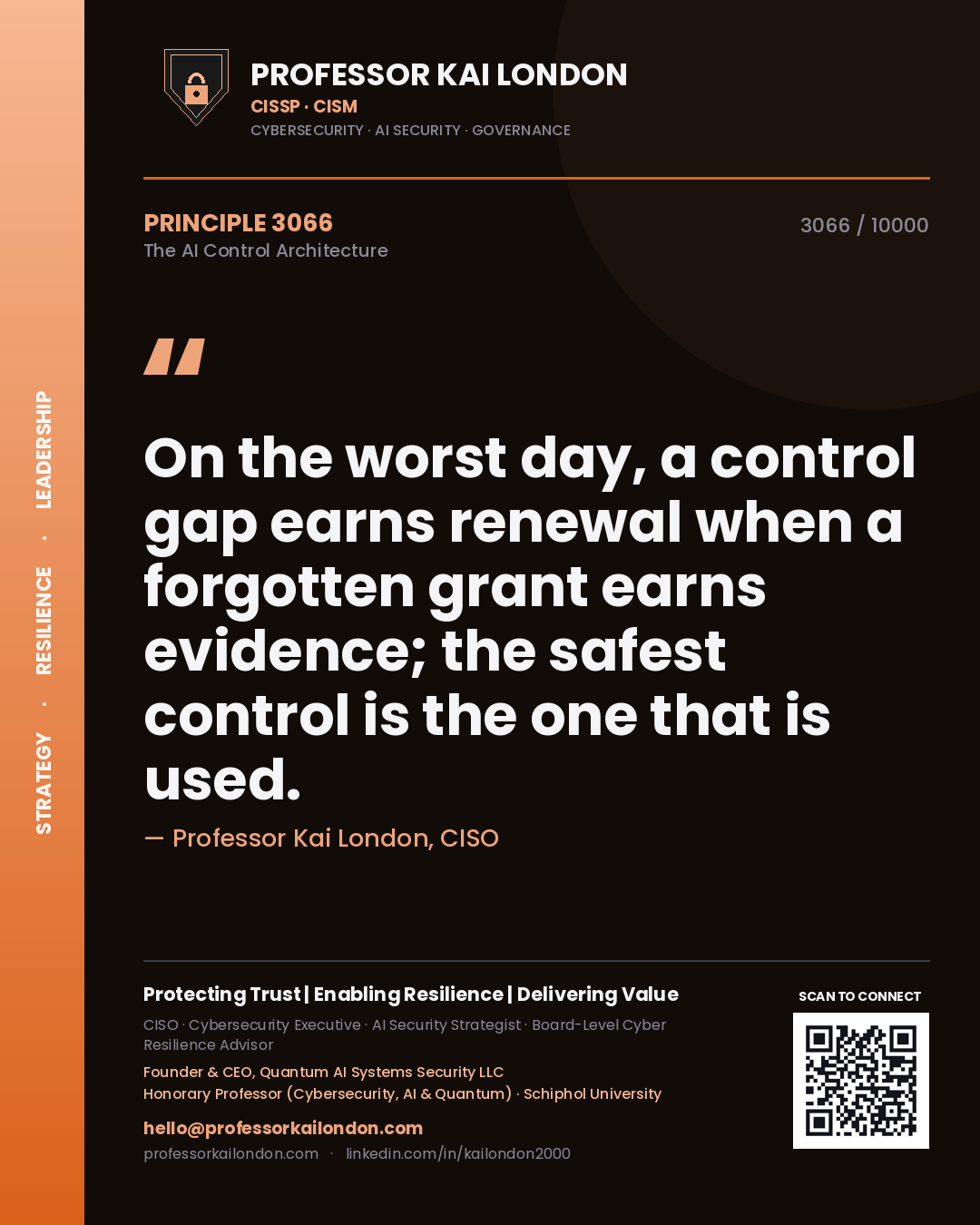 Quote card by Professor Kai London reading 'On the worst day, a control gap earns renewal when a forgotten grant earns evidence; the safest control is the one that is used.'. From the book The AI Control Architecture.