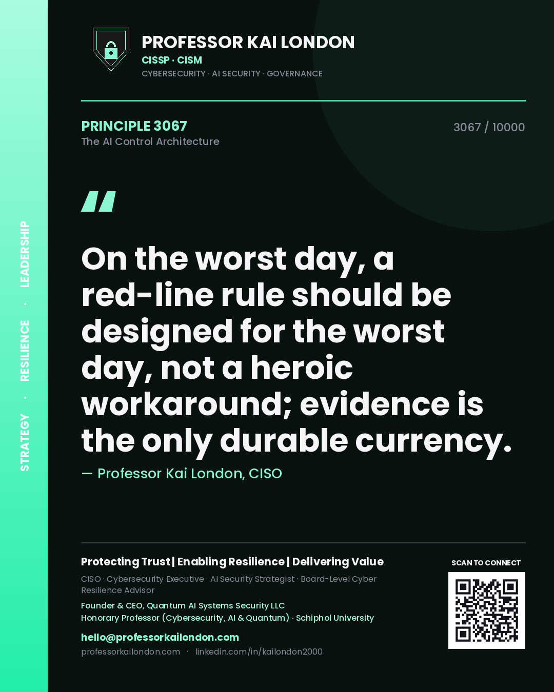 Quote card by Professor Kai London reading 'On the worst day, a red-line rule should be designed for the worst day, not a heroic workaround; evidence is the only durable currency.'. From the book The AI Control Architecture.