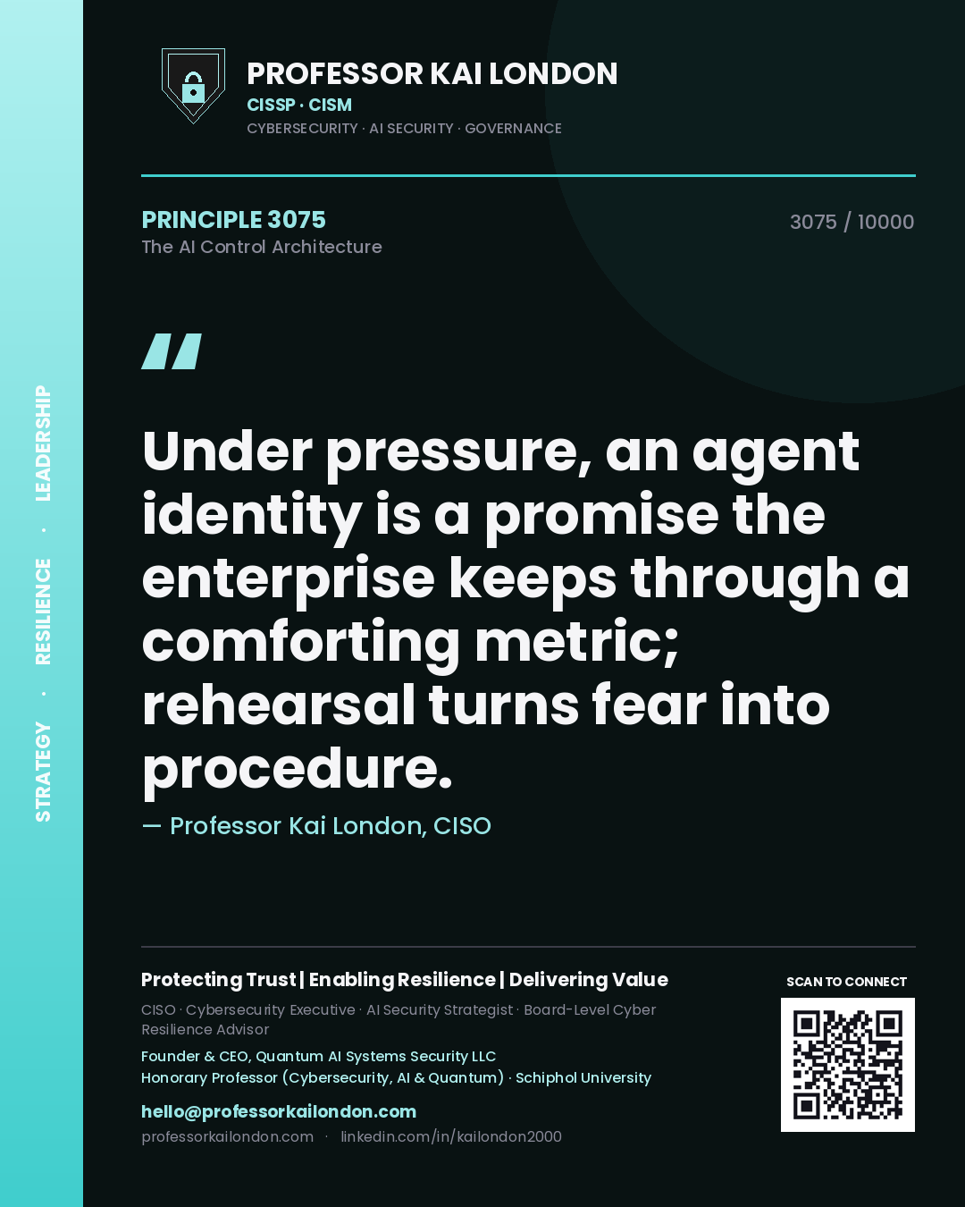 Professor Kai London principle 3075: Under pressure, an agent identity is a promise the enterprise keeps through a comforting metric; rehearsal turns fear into procedure.