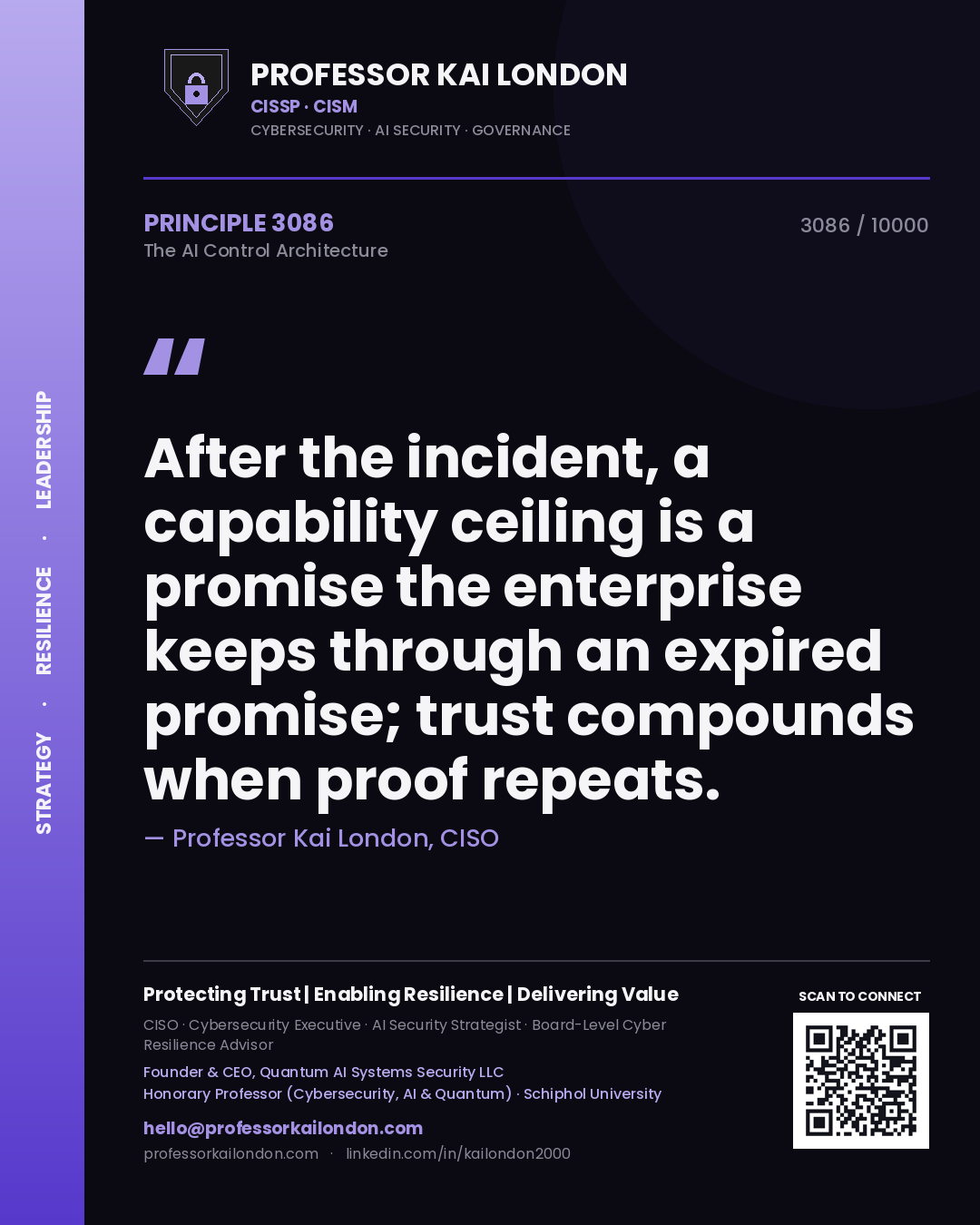 Quote card by Professor Kai London reading 'After the incident, a capability ceiling is a promise the enterprise keeps through an expired promise; trust compounds when proof repeats.'. From the book The AI Control Architecture.