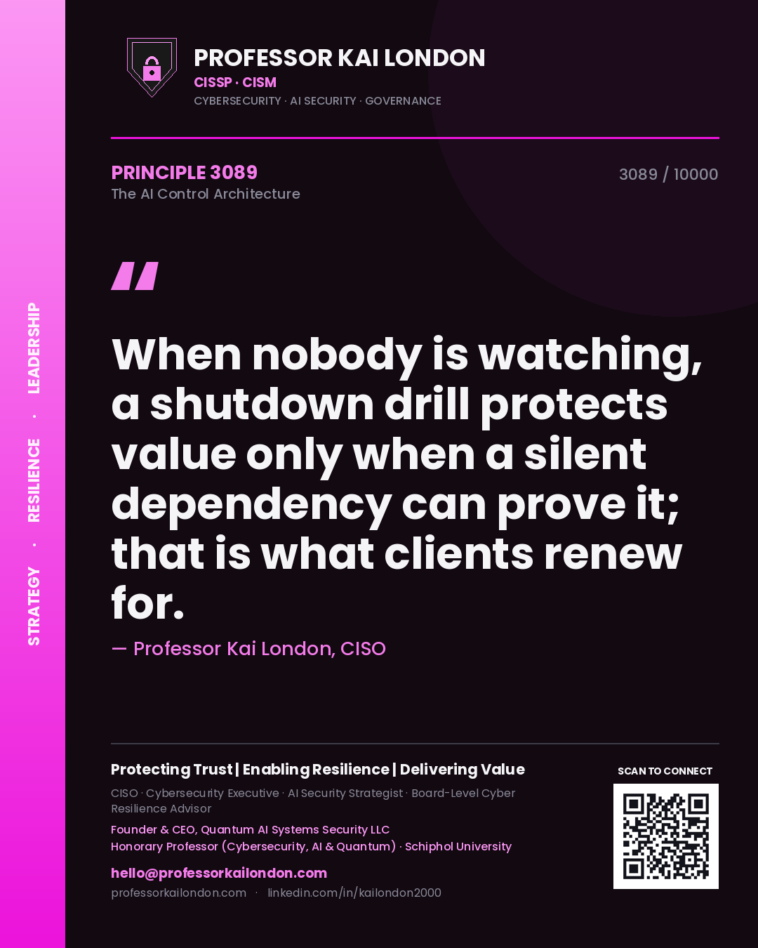 Quote card by Professor Kai London reading 'When nobody is watching, a shutdown drill protects value only when a silent dependency can prove it; that is what clients renew for.'. From the book The AI Control Architecture.