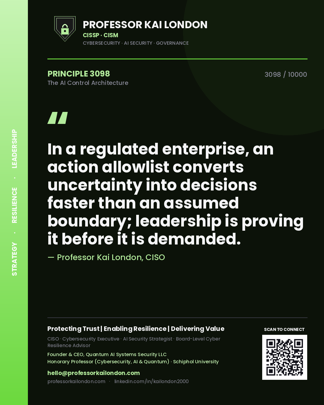 Quote card by Professor Kai London reading 'In a regulated enterprise, an action allowlist converts uncertainty into decisions faster than an assumed boundary; leadership is proving it before it is demanded.'. From the book The AI Control Architecture.