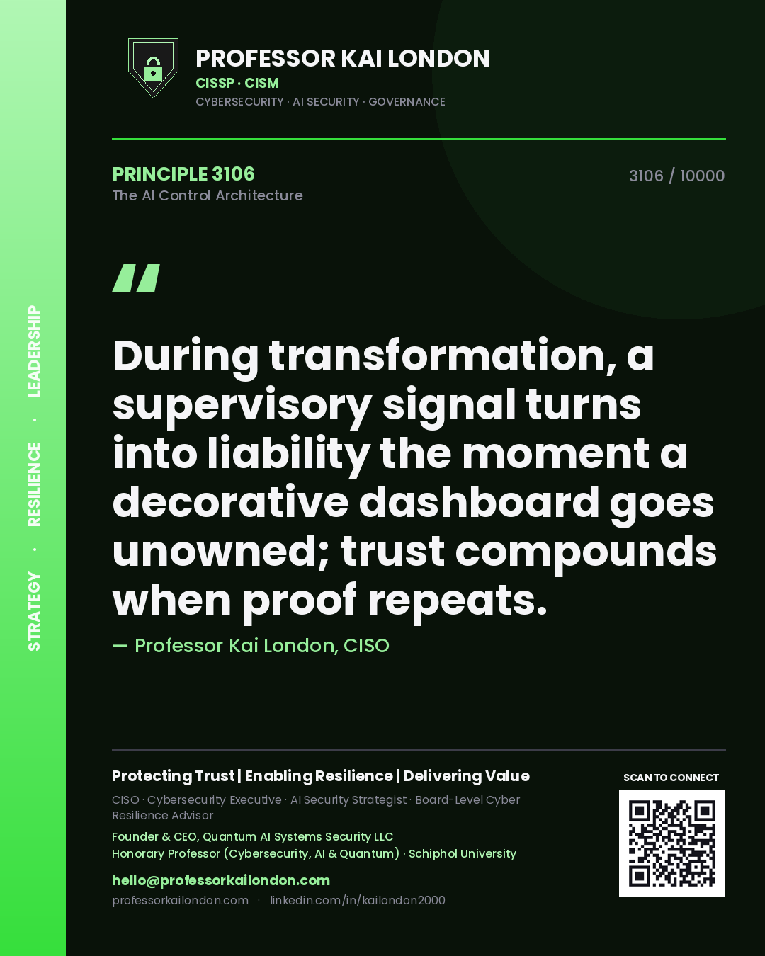 Quote card by Professor Kai London reading 'During transformation, a supervisory signal turns into liability the moment a decorative dashboard goes unowned; trust compounds when proof repeats.'. From the book The AI Control Architecture.