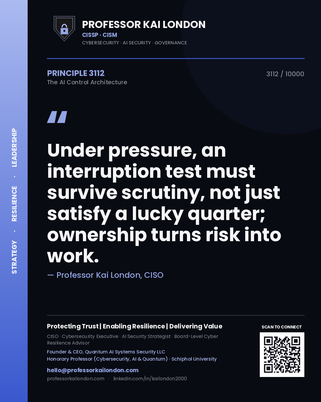 Quote card by Professor Kai London reading 'Under pressure, an interruption test must survive scrutiny, not just satisfy a lucky quarter; ownership turns risk into work.'. From the book The AI Control Architecture.