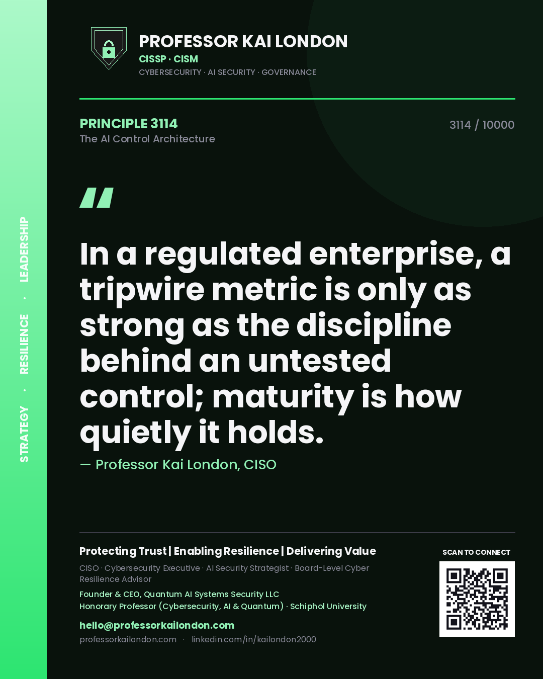 Quote card by Professor Kai London reading 'In a regulated enterprise, a tripwire metric is only as strong as the discipline behind an untested control; maturity is how quietly it holds.'. From the book The AI Control Architecture.