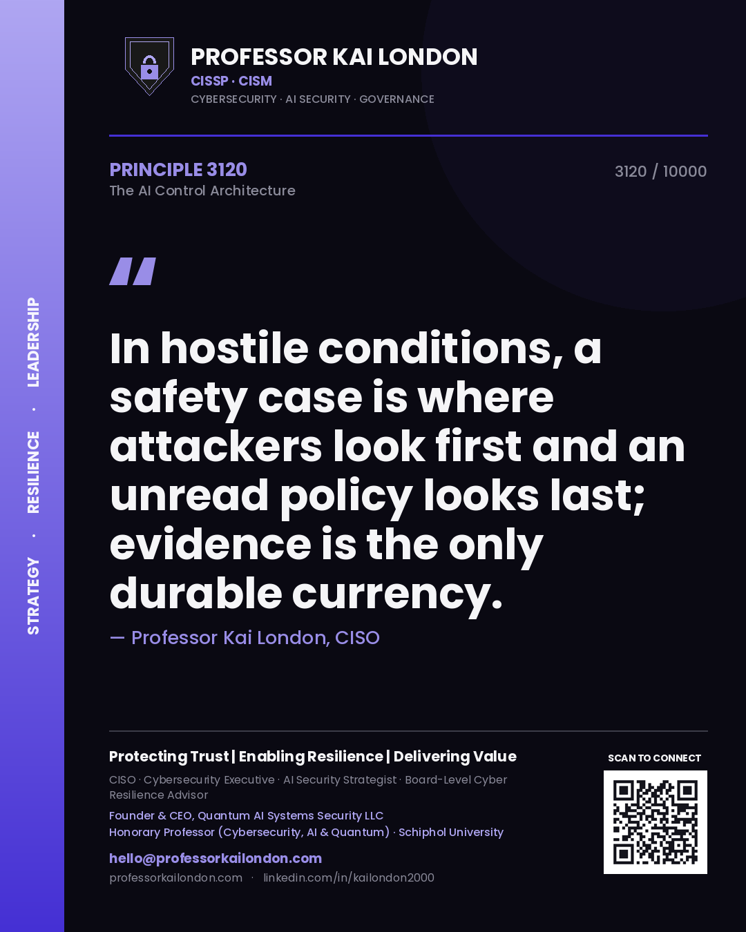 Quote card by Professor Kai London reading 'In hostile conditions, a safety case is where attackers look first and an unread policy looks last; evidence is the only durable currency.'. From the book The AI Control Architecture.