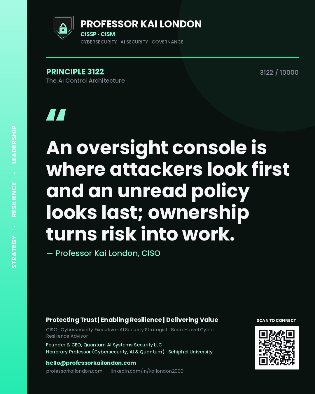 Quote card by Professor Kai London reading 'An oversight console is where attackers look first and an unread policy looks last; ownership turns risk into work.'. From the book The AI Control Architecture.