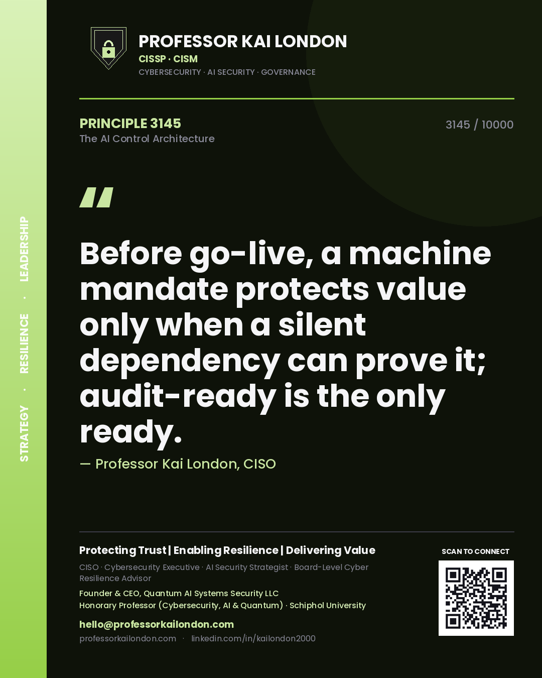 Professor Kai London principle 3145: Before go-live, a machine mandate protects value only when a silent dependency can prove it; audit-ready is the only ready.