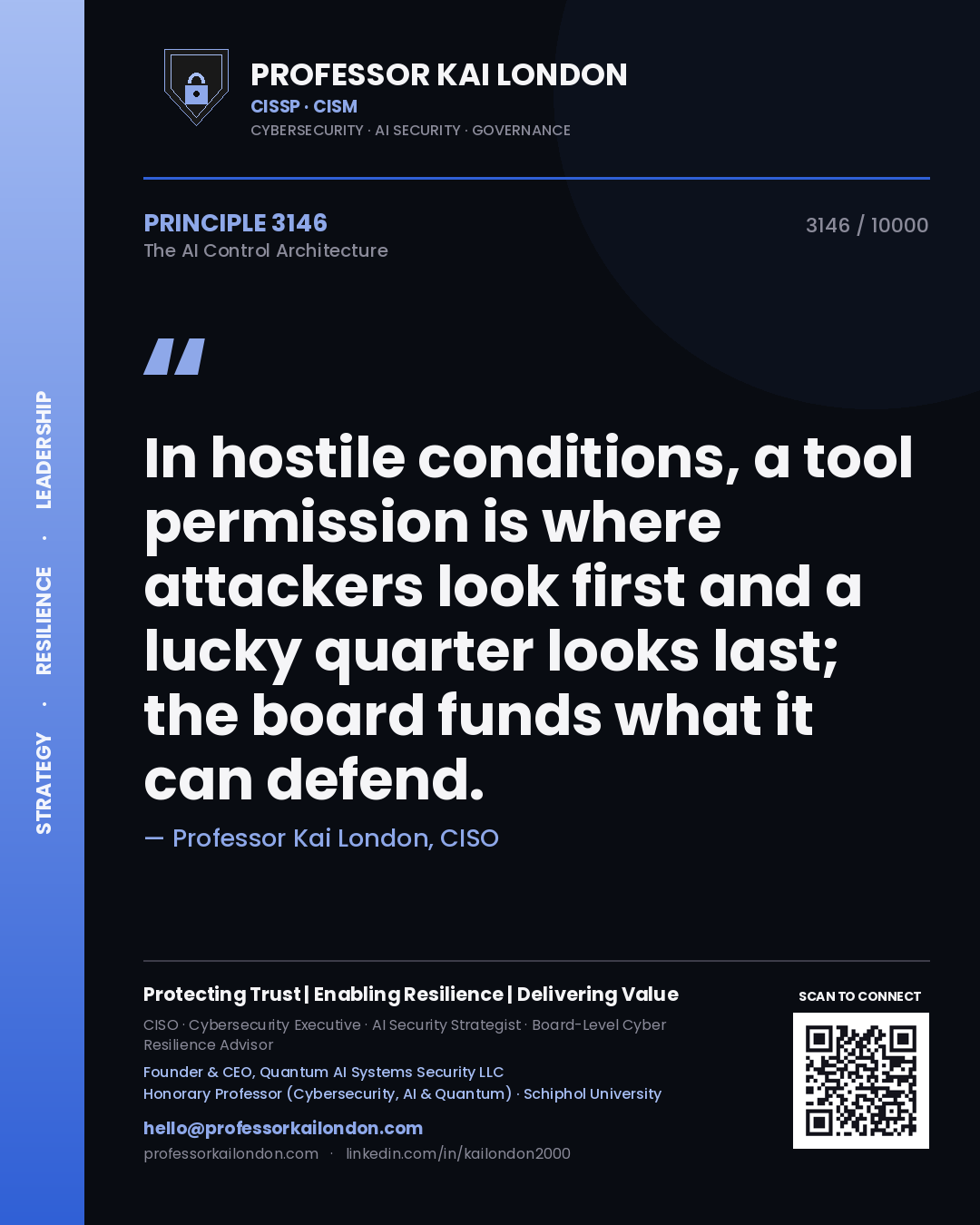 Professor Kai London principle 3146: In hostile conditions, a tool permission is where attackers look first and a lucky quarter looks last; the board funds what it can defend.