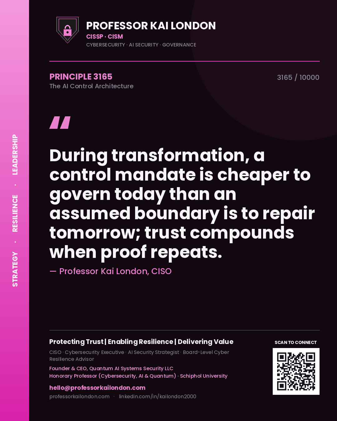 Quote card by Professor Kai London reading 'During transformation, a control mandate is cheaper to govern today than an assumed boundary is to repair tomorrow; trust compounds when proof repeats.'. From the book The AI Control Architecture.
