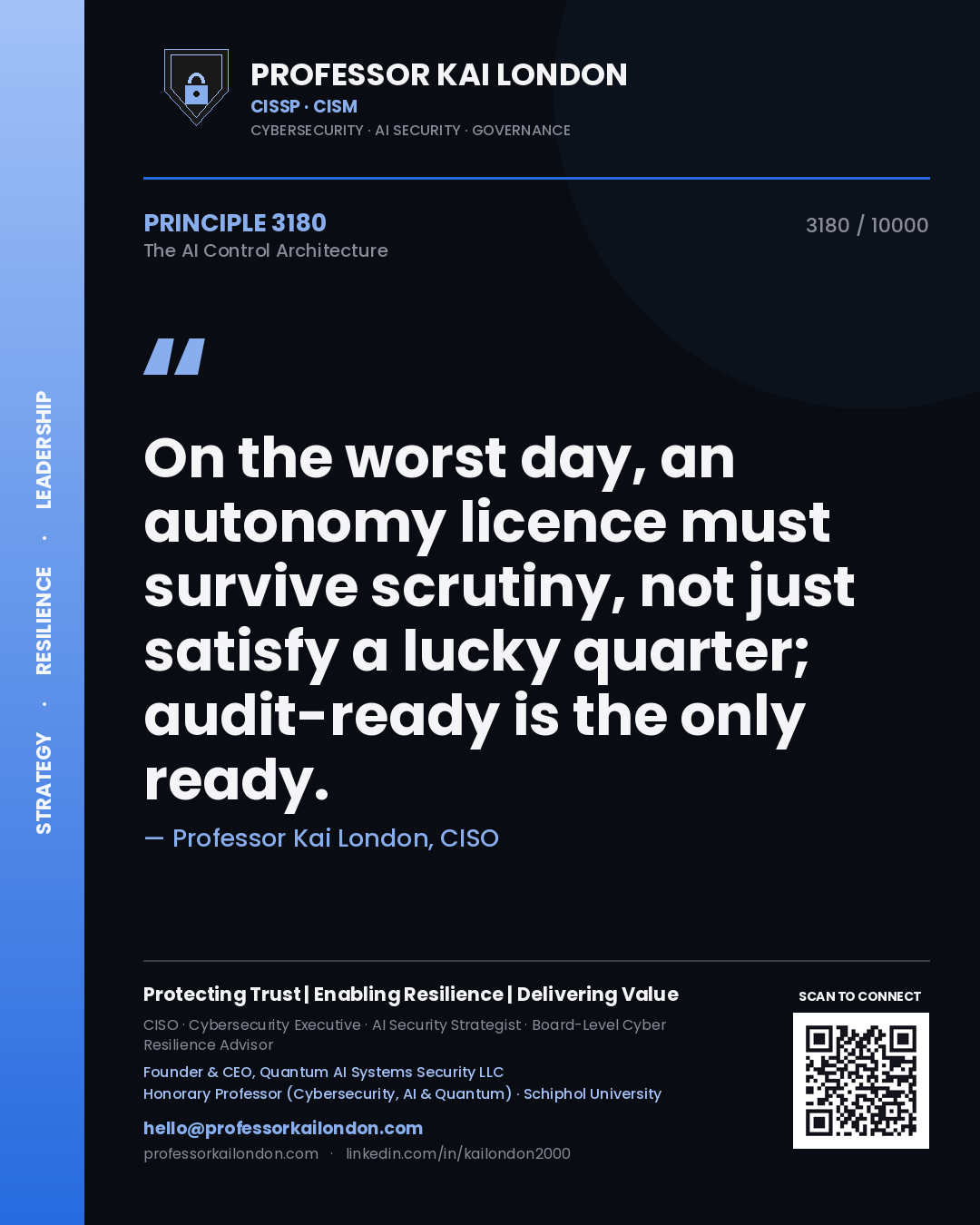 Professor Kai London principle 3180: On the worst day, an autonomy licence must survive scrutiny, not just satisfy a lucky quarter; audit-ready is the only ready.