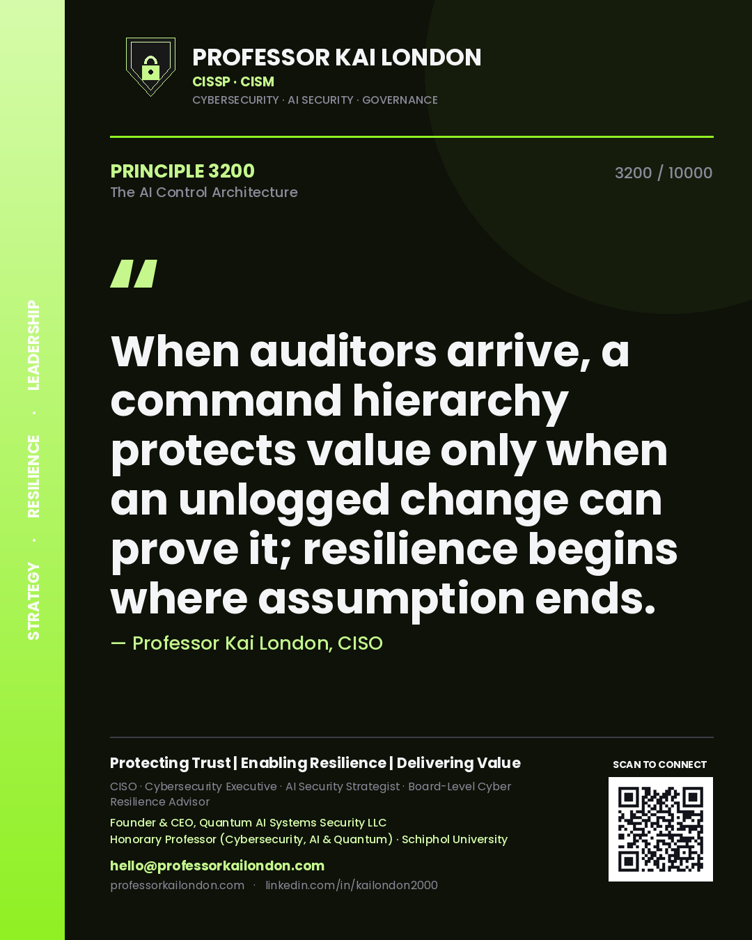Quote card by Professor Kai London reading 'When auditors arrive, a command hierarchy protects value only when an unlogged change can prove it; resilience begins where assumption ends.'. From the book The AI Control Architecture.