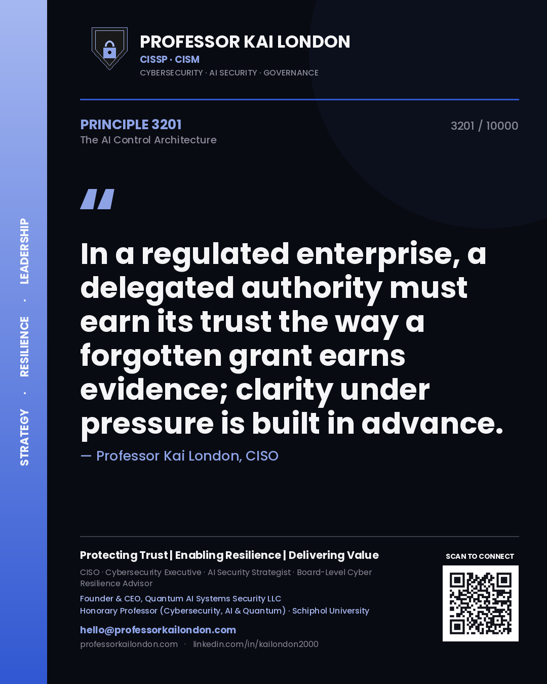 Quote card by Professor Kai London reading 'In a regulated enterprise, a delegated authority must earn its trust the way a forgotten grant earns evidence; clarity under pressure is built in advance.'. From the book The AI Control Architecture.