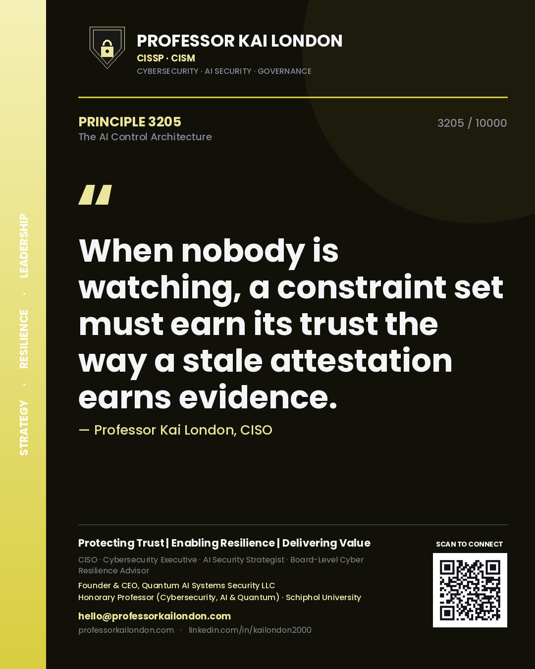 Quote card by Professor Kai London reading 'When nobody is watching, a constraint set must earn its trust the way a stale attestation earns evidence.'. From the book The AI Control Architecture.