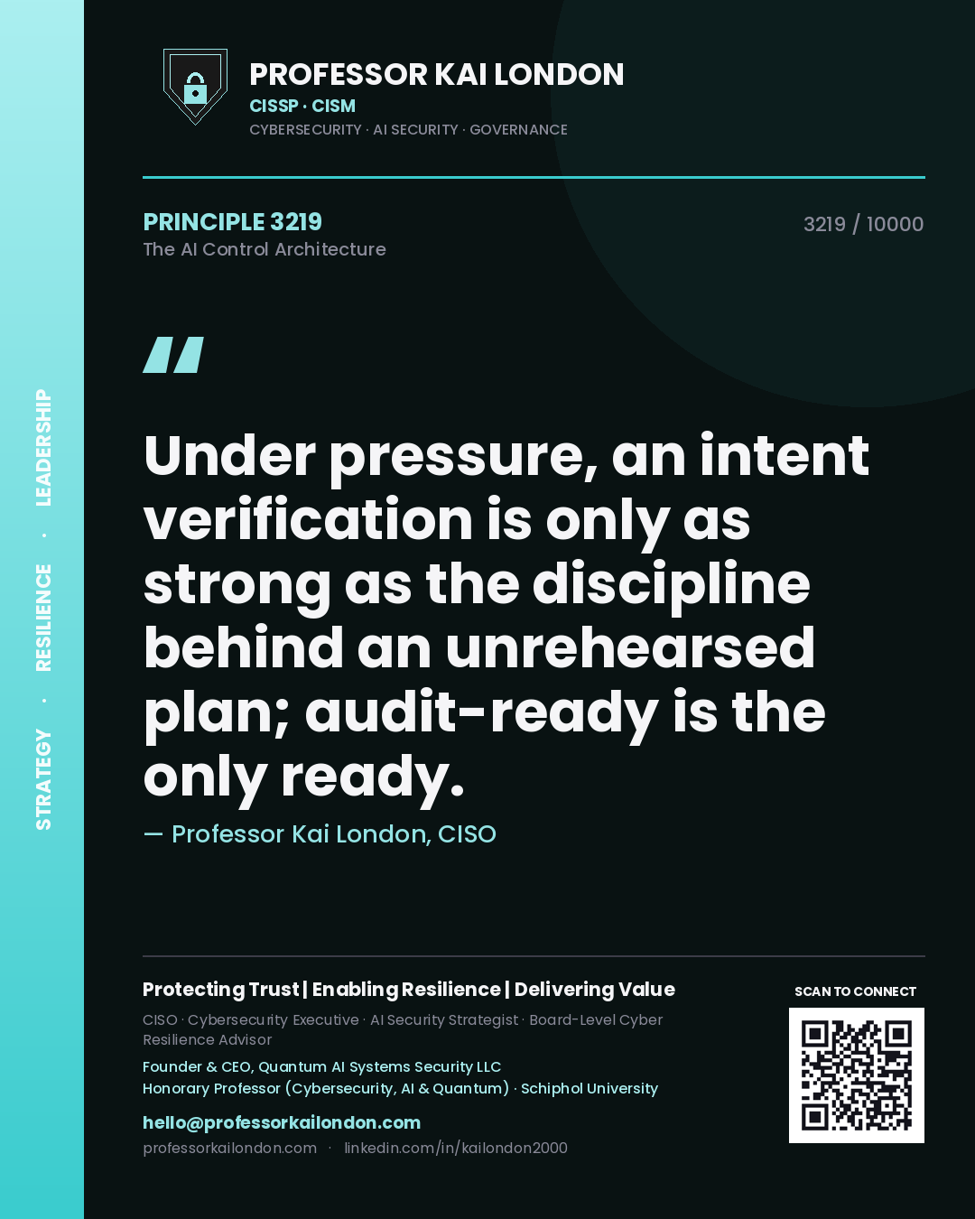 Professor Kai London principle 3219: Under pressure, an intent verification is only as strong as the discipline behind an unrehearsed plan; audit-ready is the only ready.