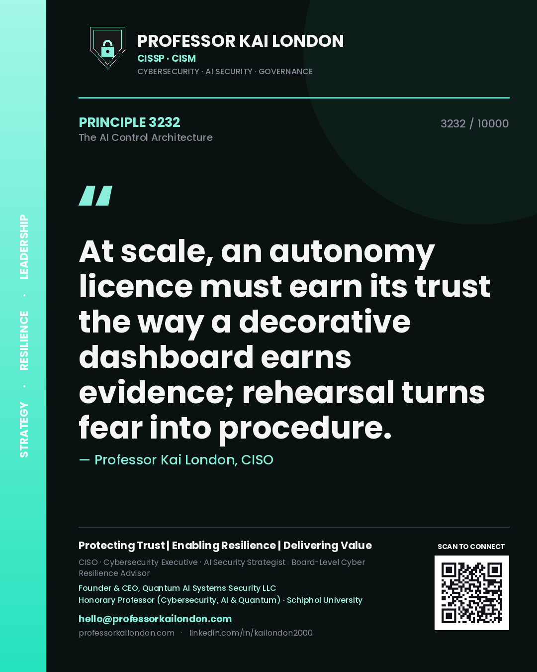 Professor Kai London principle 3232: At scale, an autonomy licence must earn its trust the way a decorative dashboard earns evidence; rehearsal turns fear into procedure.