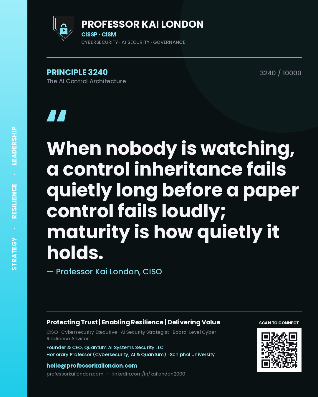 Quote card by Professor Kai London reading 'When nobody is watching, a control inheritance fails quietly long before a paper control fails loudly; maturity is how quietly it holds.'. From the book The AI Control Architecture.