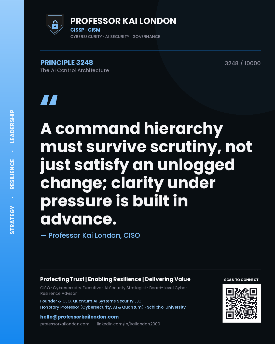Professor Kai London principle 3248: A command hierarchy must survive scrutiny, not just satisfy an unlogged change; clarity under pressure is built in advance.