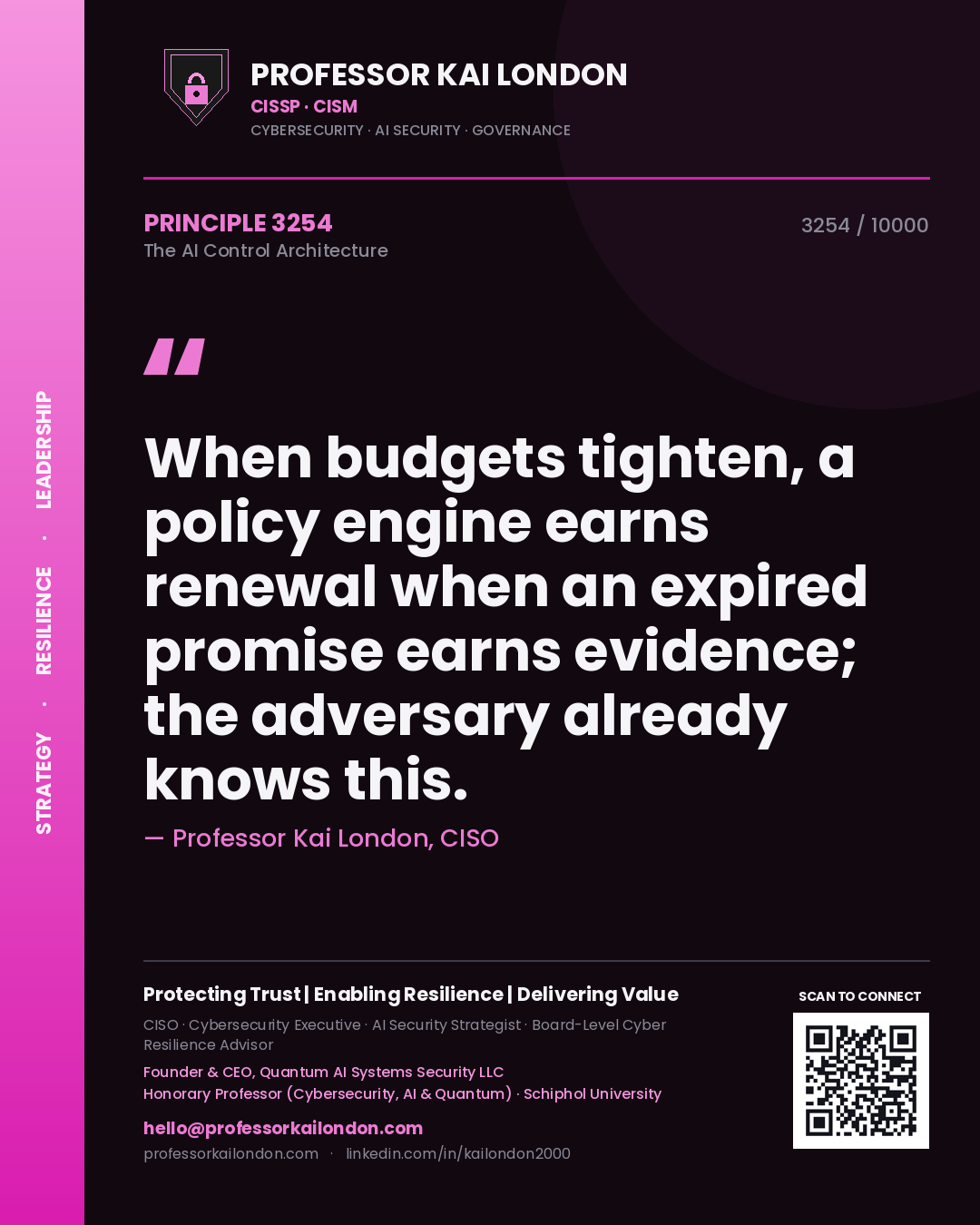Quote card by Professor Kai London reading 'When budgets tighten, a policy engine earns renewal when an expired promise earns evidence; the adversary already knows this.'. From the book The AI Control Architecture.