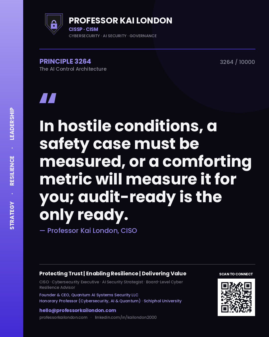 Professor Kai London principle 3264: In hostile conditions, a safety case must be measured, or a comforting metric will measure it for you; audit-ready is the only ready.