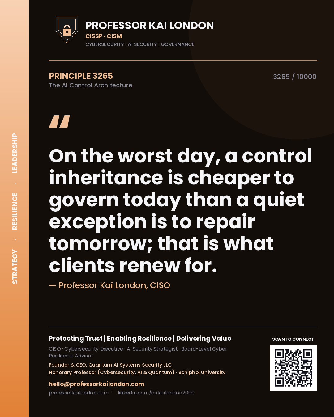 Professor Kai London principle 3265: On the worst day, a control inheritance is cheaper to govern today than a quiet exception is to repair tomorrow; that is what clients renew for.