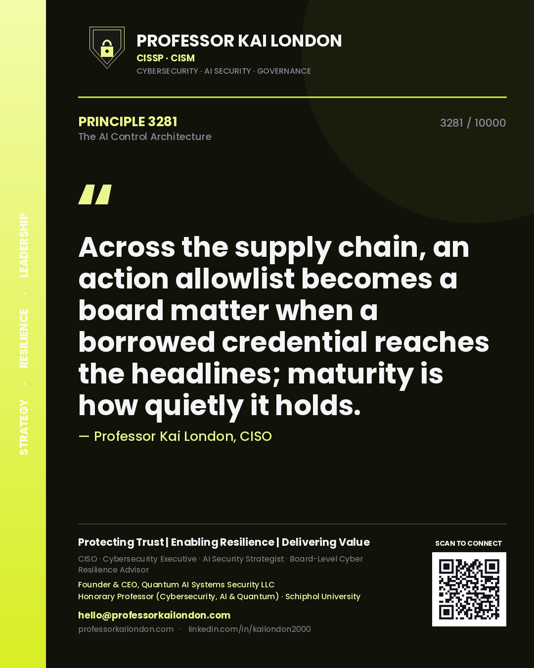 Quote card by Professor Kai London reading 'Across the supply chain, an action allowlist becomes a board matter when a borrowed credential reaches the headlines; maturity is how quietly it holds.'. From the book The AI Control Architecture.