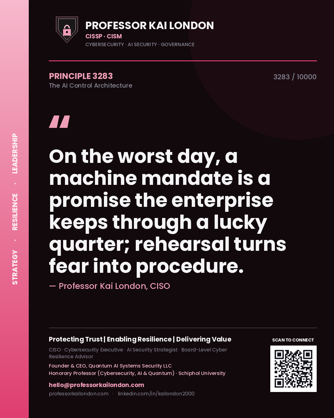 Professor Kai London principle 3283: On the worst day, a machine mandate is a promise the enterprise keeps through a lucky quarter; rehearsal turns fear into procedure.