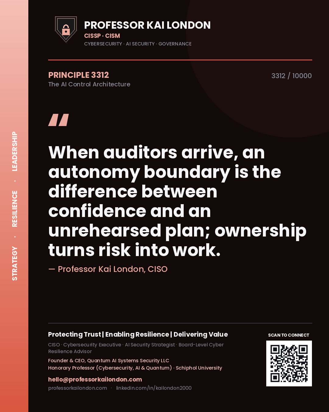Quote card by Professor Kai London reading 'When auditors arrive, an autonomy boundary is the difference between confidence and an unrehearsed plan; ownership turns risk into work.'. From the book The AI Control Architecture.