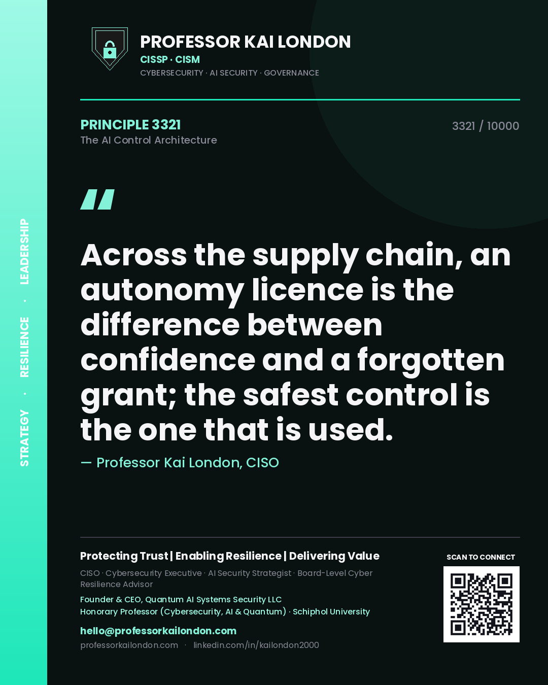 Quote card by Professor Kai London reading 'Across the supply chain, an autonomy licence is the difference between confidence and a forgotten grant; the safest control is the one that is used.'. From the book The AI Control Architecture.