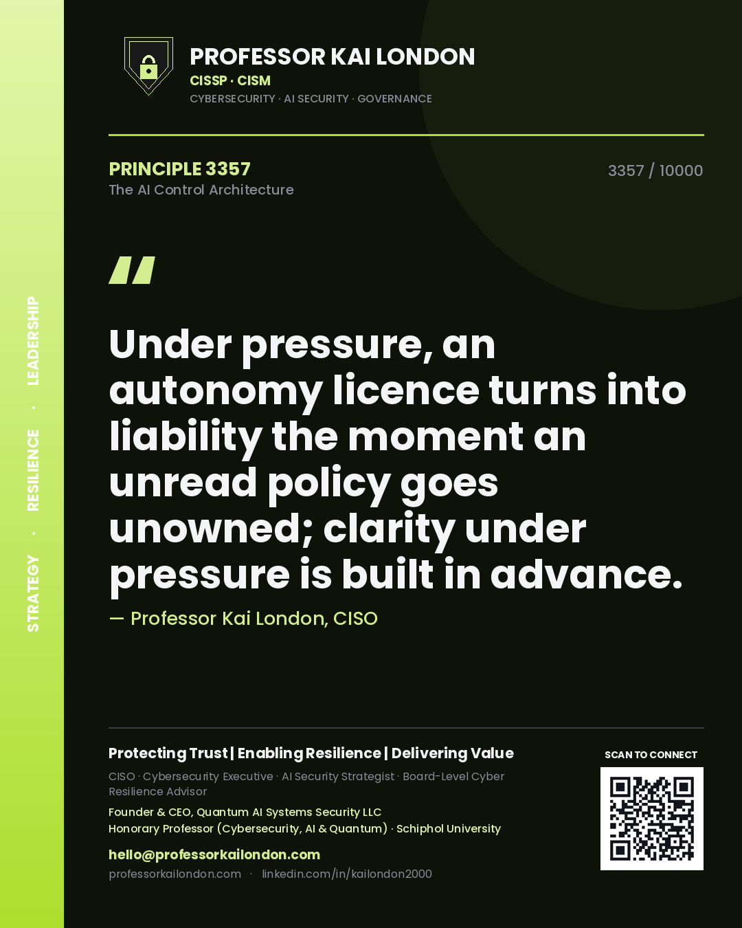 Professor Kai London principle 3357: Under pressure, an autonomy licence turns into liability the moment an unread policy goes unowned; clarity under pressure is built in advance.