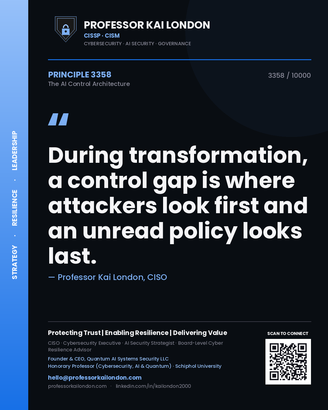 Quote card by Professor Kai London reading 'During transformation, a control gap is where attackers look first and an unread policy looks last.'. From the book The AI Control Architecture.