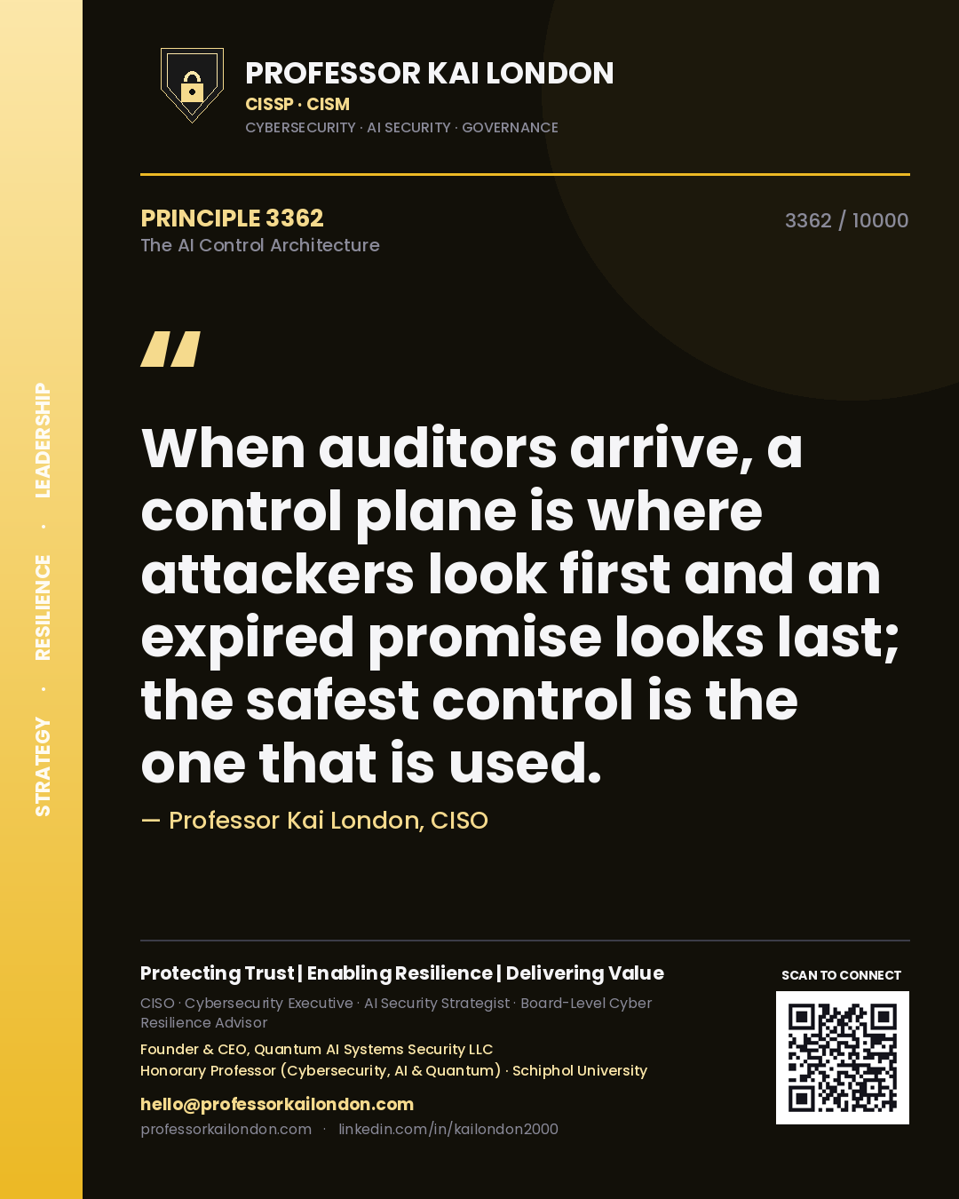 Quote card by Professor Kai London reading 'When auditors arrive, a control plane is where attackers look first and an expired promise looks last; the safest control is the one that is used.'. From the book The AI Control Architecture.