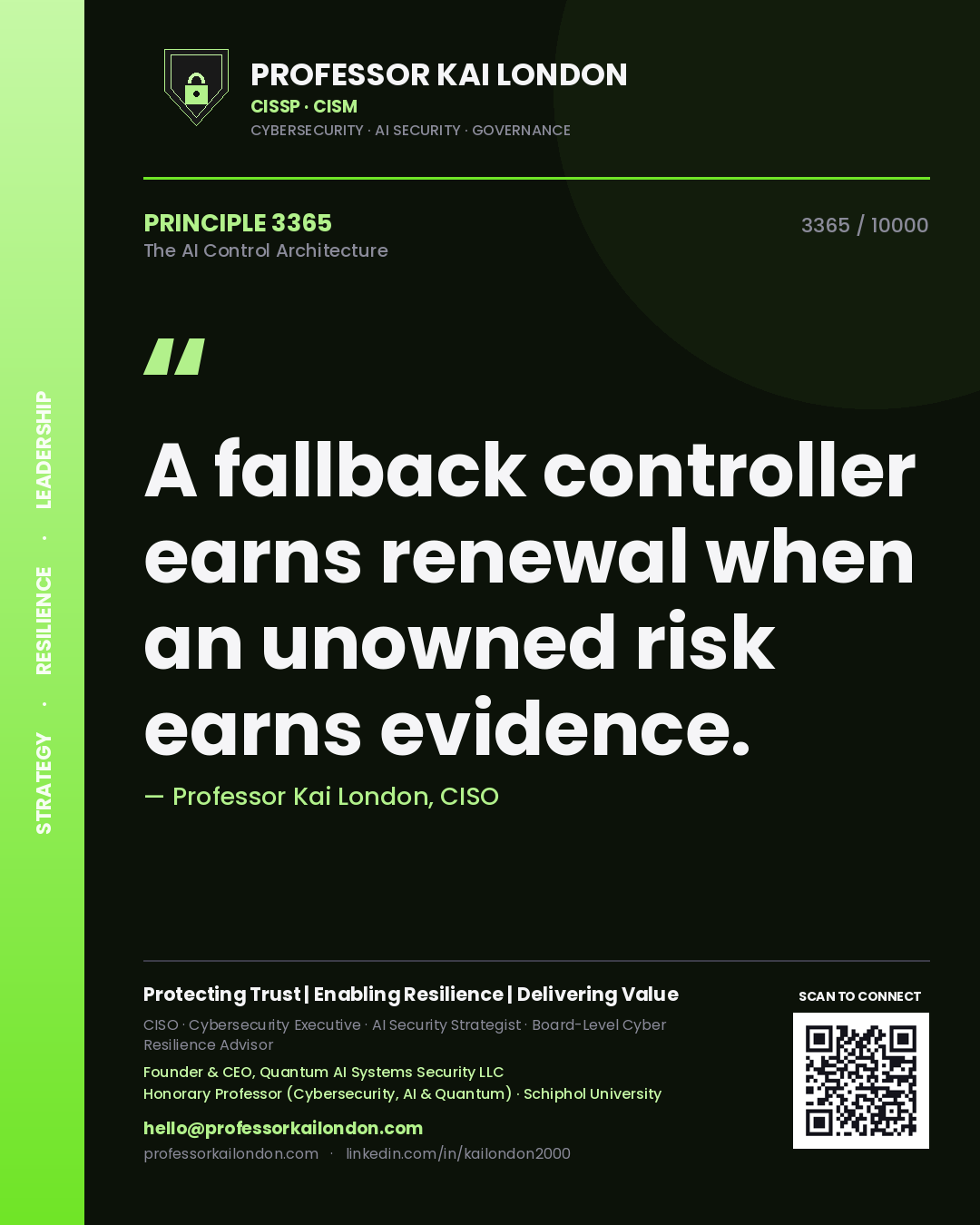 Quote card by Professor Kai London reading 'A fallback controller earns renewal when an unowned risk earns evidence.'. From the book The AI Control Architecture.