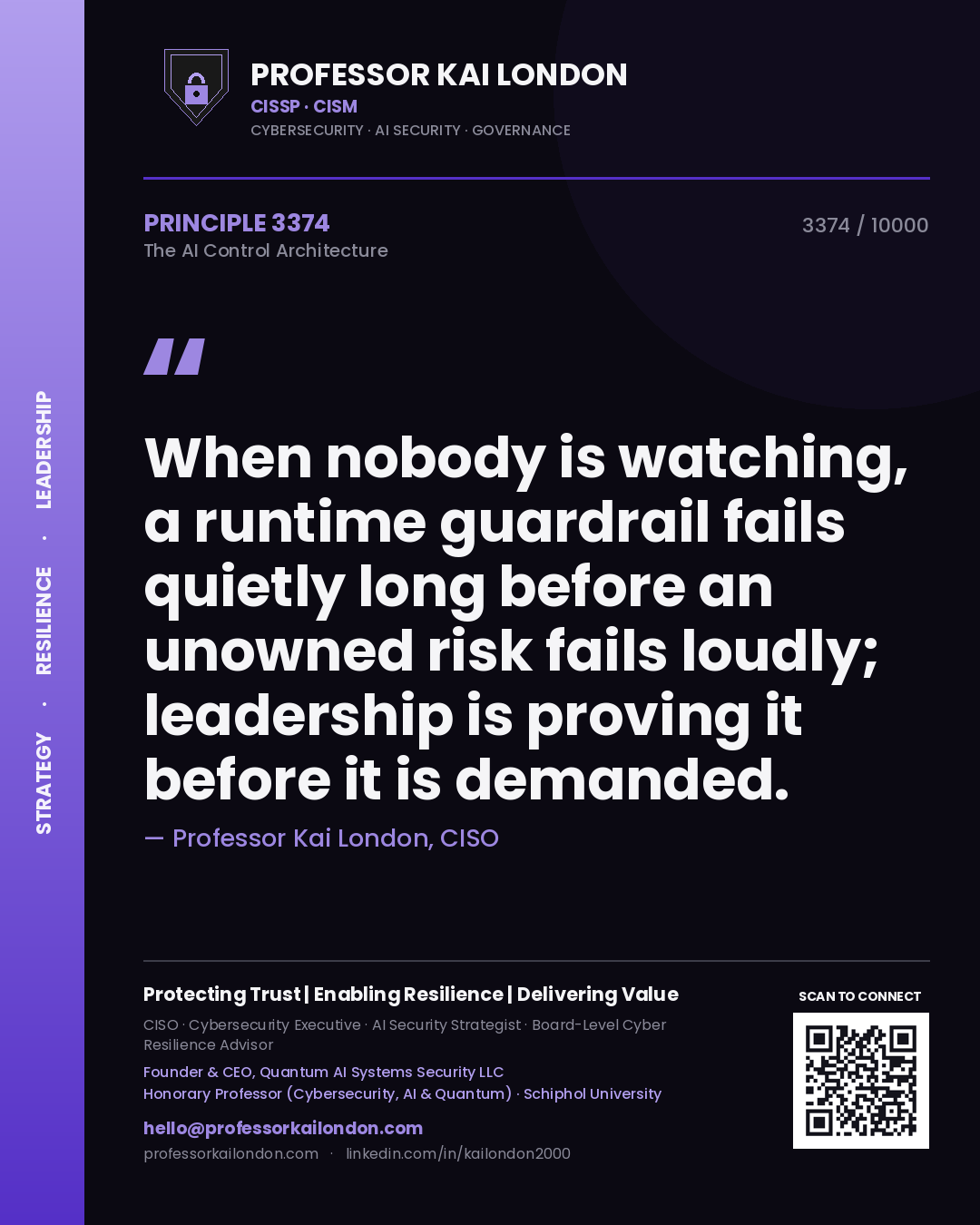 Professor Kai London principle 3374: When nobody is watching, a runtime guardrail fails quietly long before an unowned risk fails loudly; leadership is proving it before it is demanded.