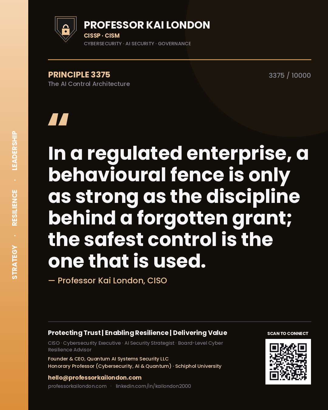Quote card by Professor Kai London reading 'In a regulated enterprise, a behavioural fence is only as strong as the discipline behind a forgotten grant; the safest control is the one that is used.'. From the book The AI Control Architecture.