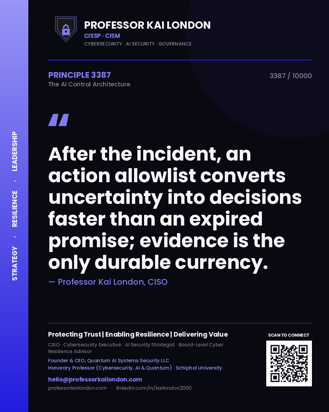 Quote card by Professor Kai London reading 'After the incident, an action allowlist converts uncertainty into decisions faster than an expired promise; evidence is the only durable currency.'. From the book The AI Control Architecture.