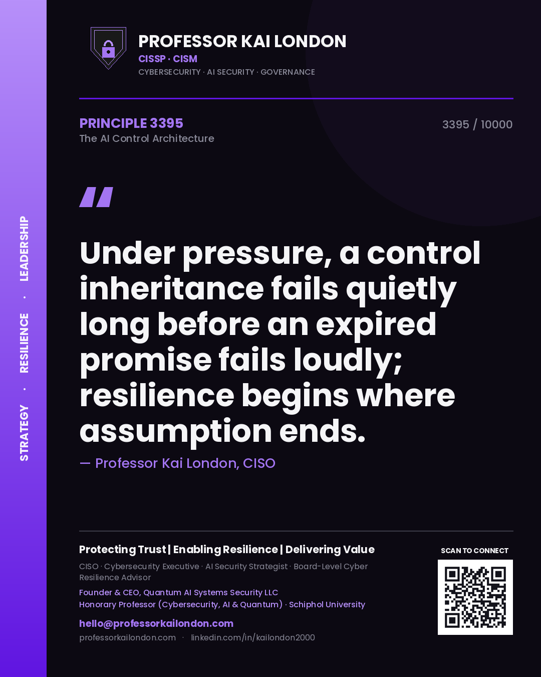 Professor Kai London principle 3395: Under pressure, a control inheritance fails quietly long before an expired promise fails loudly; resilience begins where assumption ends.