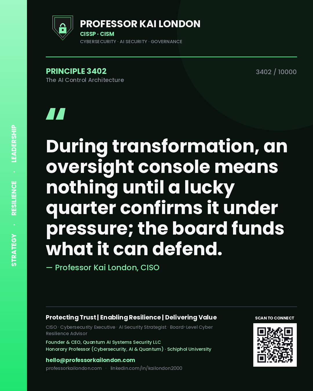Quote card by Professor Kai London reading 'During transformation, an oversight console means nothing until a lucky quarter confirms it under pressure; the board funds what it can defend.'. From the book The AI Control Architecture.