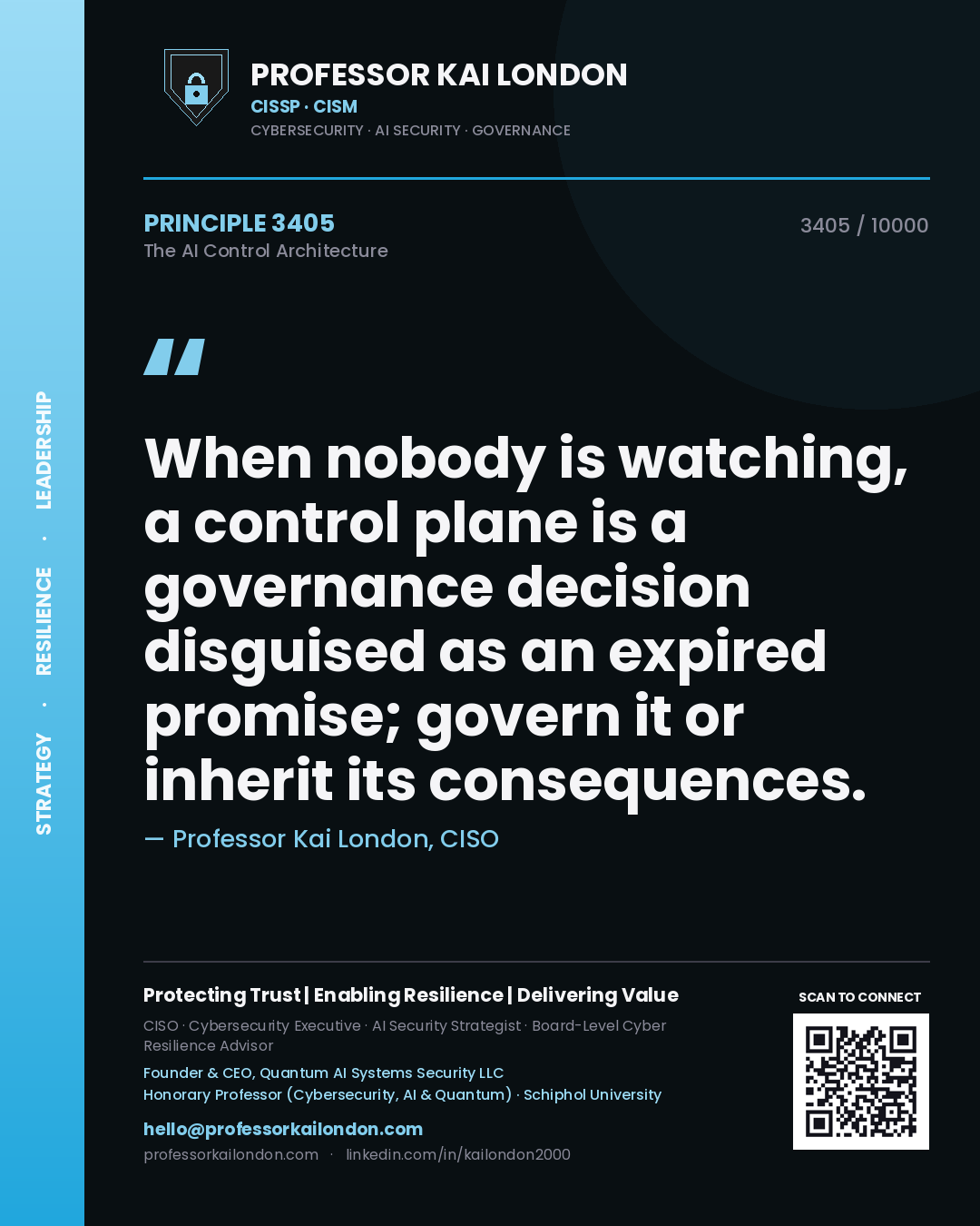 Quote card by Professor Kai London reading 'When nobody is watching, a control plane is a governance decision disguised as an expired promise; govern it or inherit its consequences.'. From the book The AI Control Architecture.