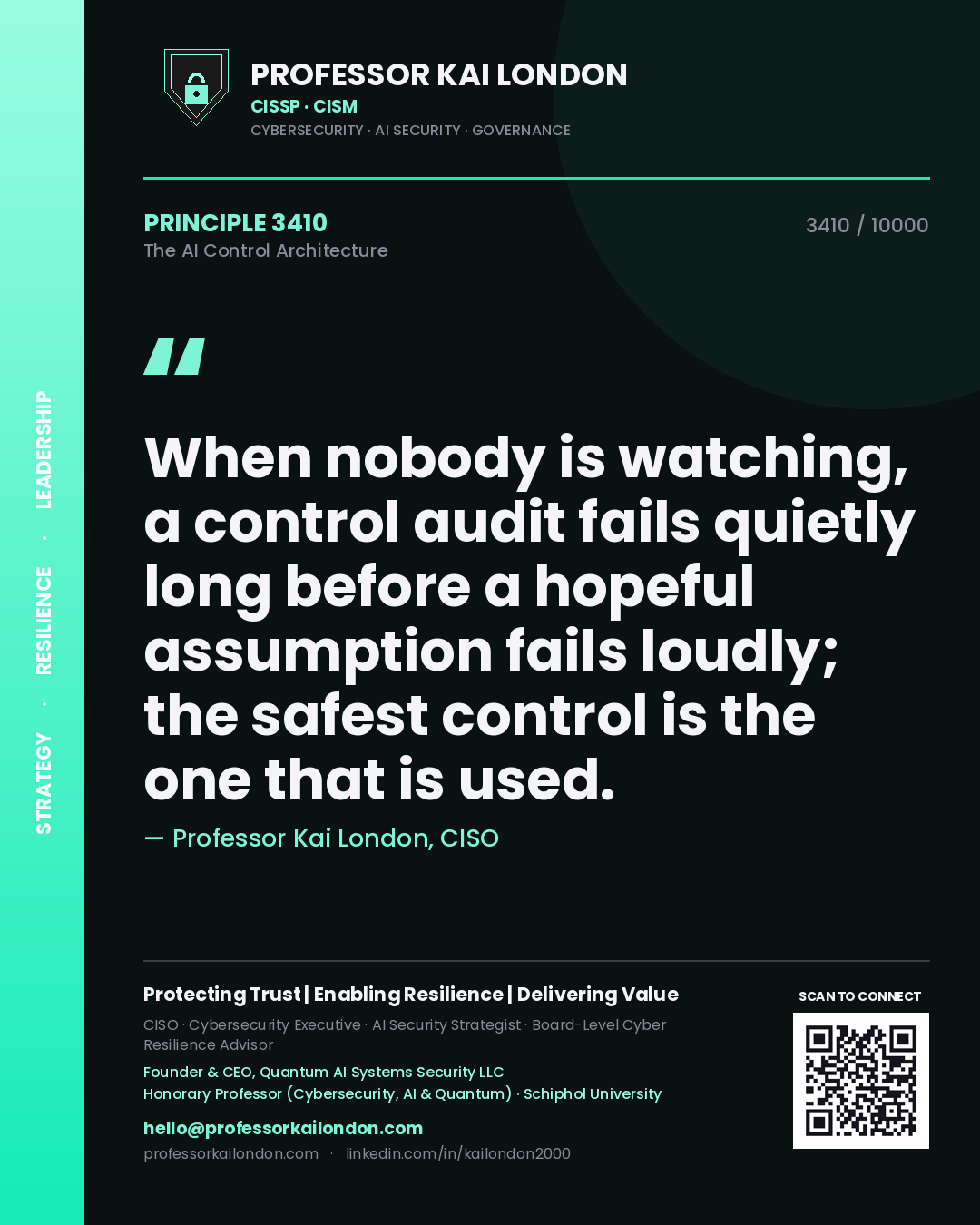 Quote card by Professor Kai London reading 'When nobody is watching, a control audit fails quietly long before a hopeful assumption fails loudly; the safest control is the one that is used.'. From the book The AI Control Architecture.