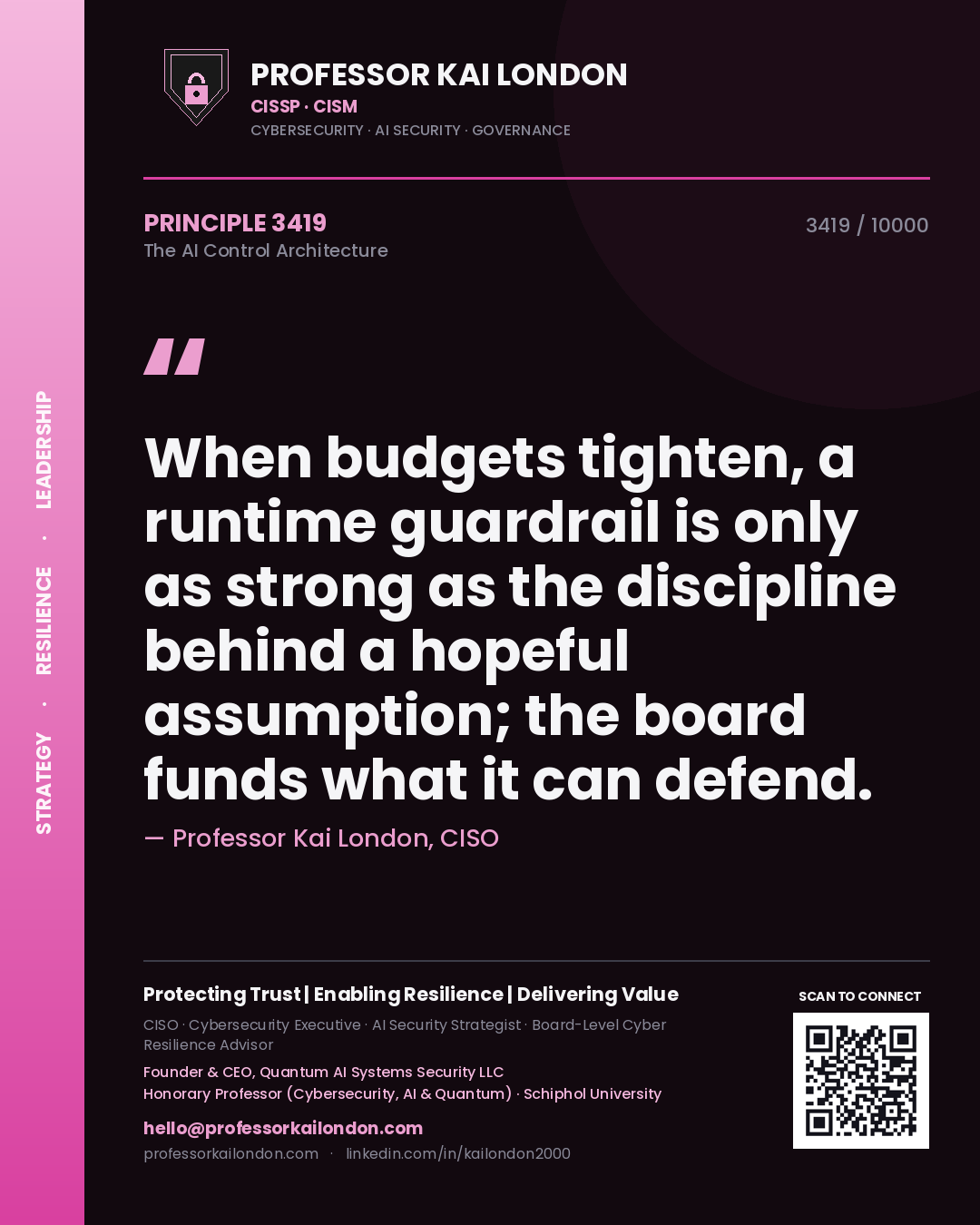 Quote card by Professor Kai London reading 'When budgets tighten, a runtime guardrail is only as strong as the discipline behind a hopeful assumption; the board funds what it can defend.'. From the book The AI Control Architecture.