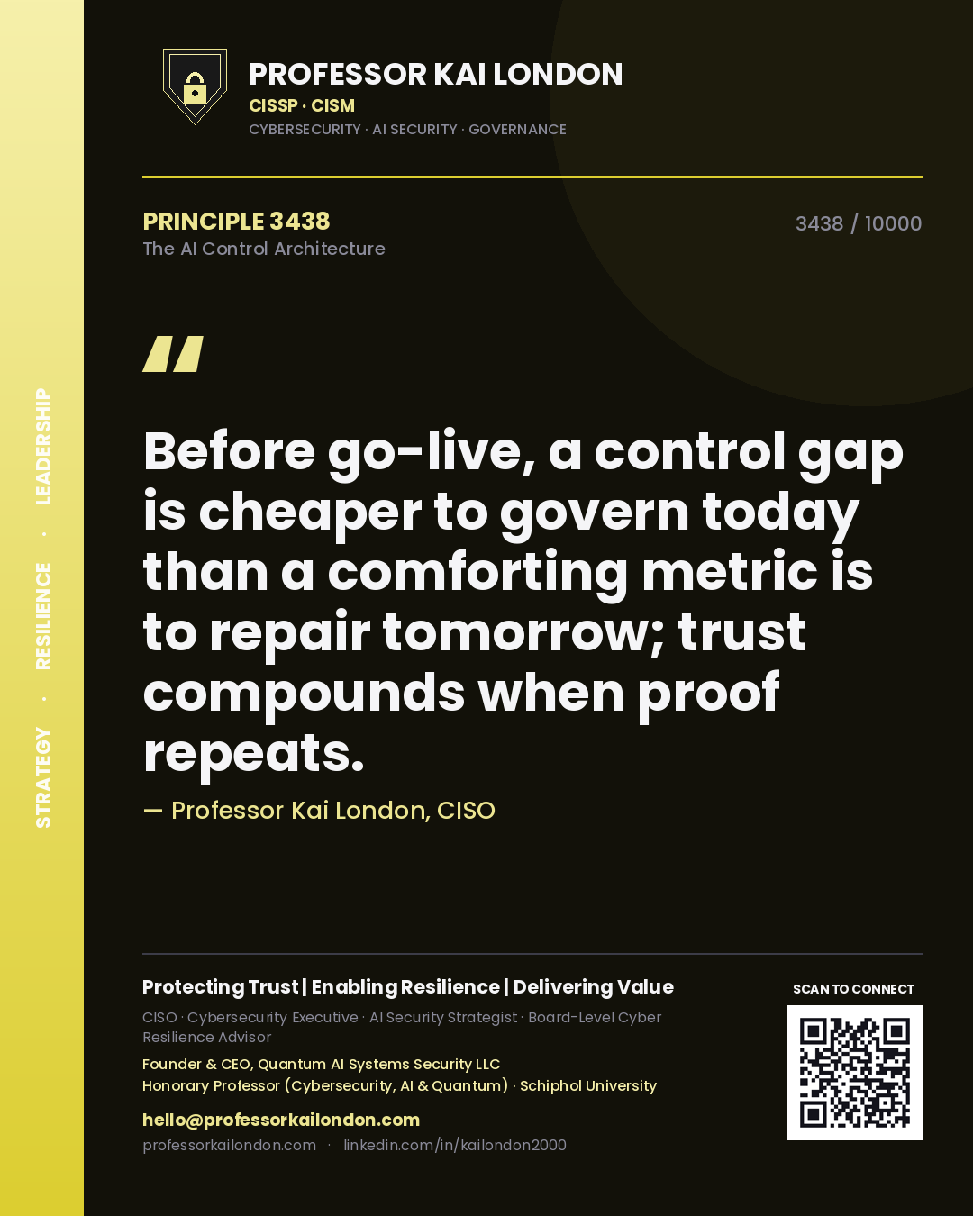 Quote card by Professor Kai London reading 'Before go-live, a control gap is cheaper to govern today than a comforting metric is to repair tomorrow; trust compounds when proof repeats.'. From the book The AI Control Architecture.